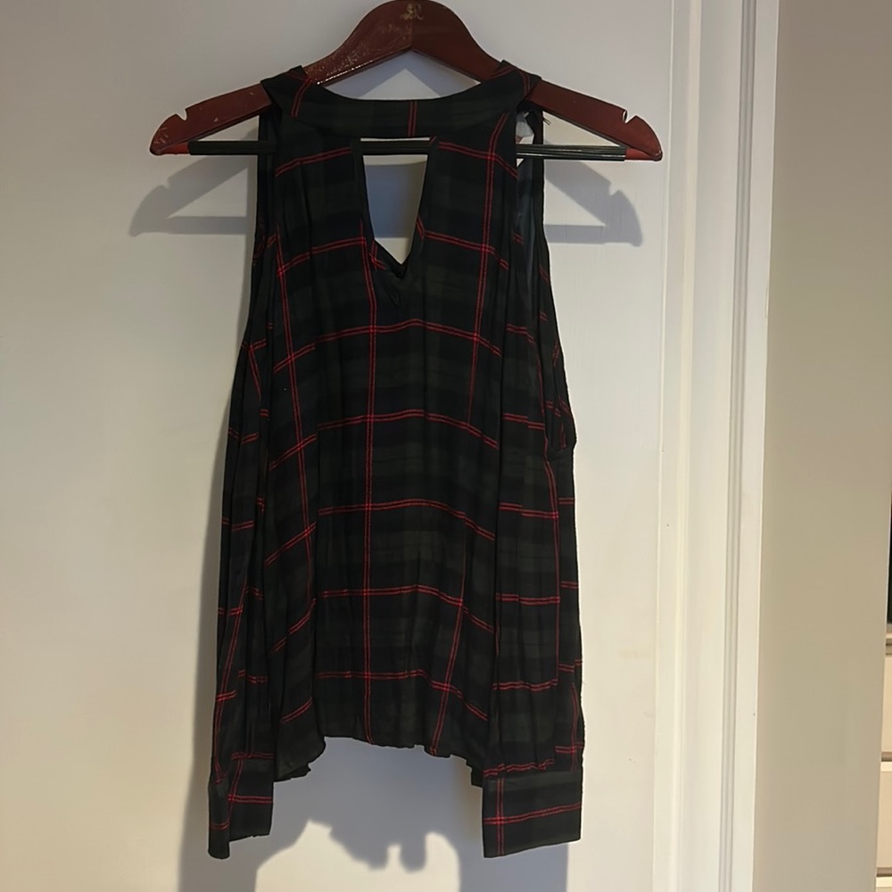 Open shoulder Ash and Ember long sleeve plaid top